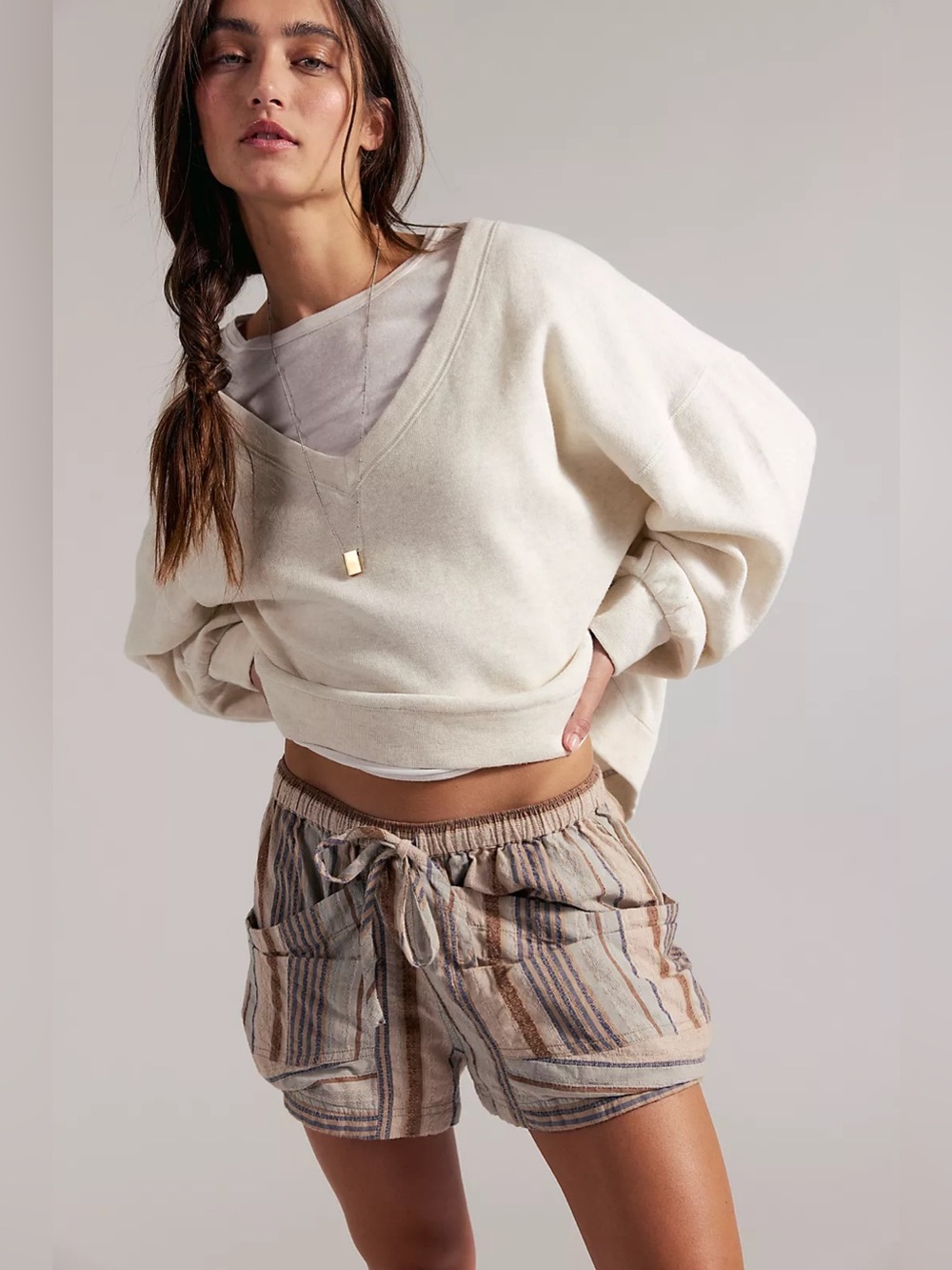 Free People Good Fortune Beige Striped Tie-Waist Shorts ❤️IN STORES❤️